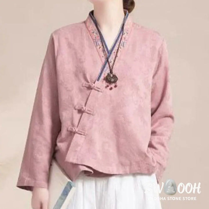 Buddha Stones Embroidered Flowers Grass Frog-Button Long Sleeve Cotton Women’s Shirt - Women’s Shirts
