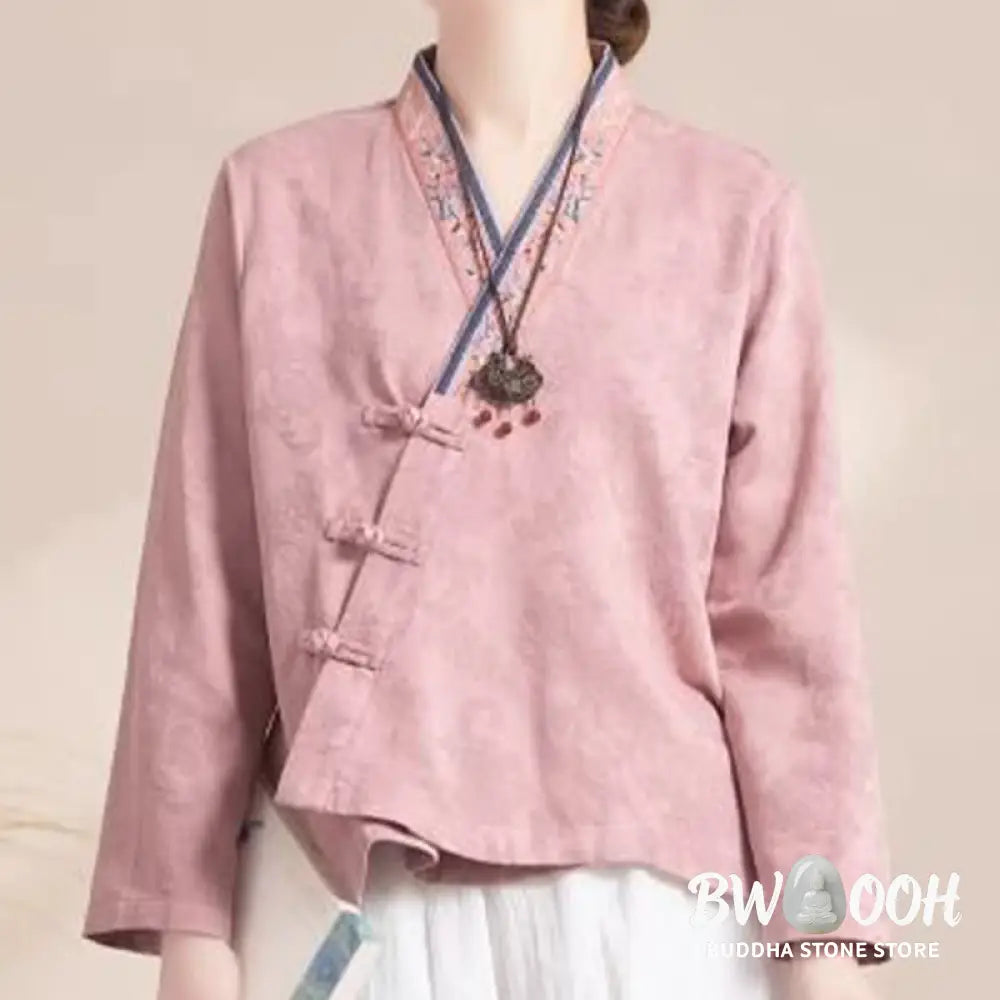 Buddha Stones Embroidered Flowers Grass Frog-Button Long Sleeve Cotton Women’s Shirt - Women’s Shirts