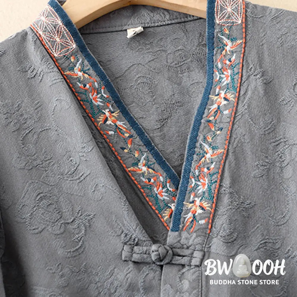 Buddha Stones Embroidered Flowers Grass Frog-Button Long Sleeve Cotton Women’s Shirt - Women’s Shirts