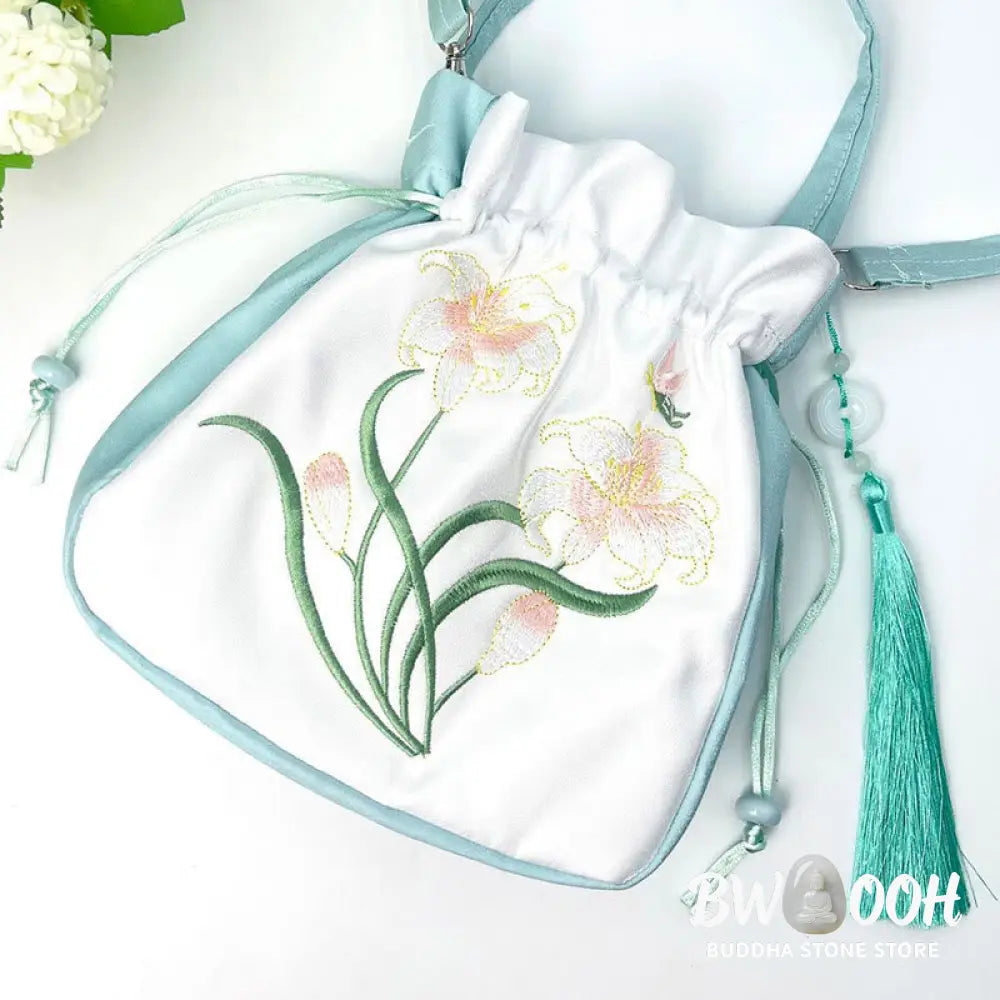 Buddha Stones Embroidered Flowers Wisteria Lily Cotton Linen Tote Crossbody Bag Shoulder Bag Handbag - Crossbody Bag