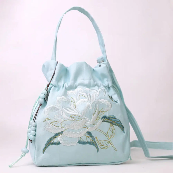 Buddha Stones Embroidered Flowers Wisteria Lily Cotton Linen Tote Crossbody Bag Shoulder Bag Handbag - Green Yellow