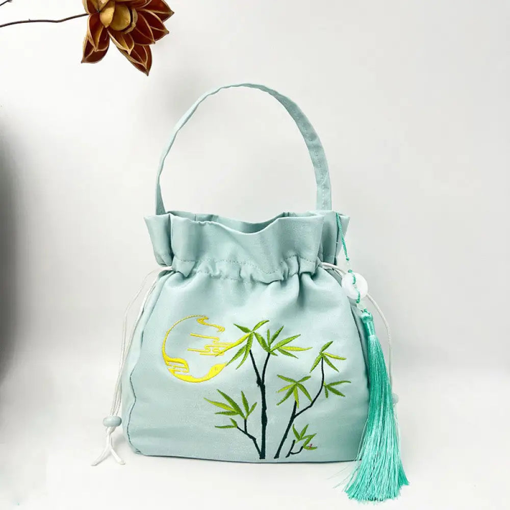 Buddha Stones Embroidered Flowers Wisteria Lily Cotton Linen Tote Crossbody Bag Shoulder Bag Handbag - Light Green