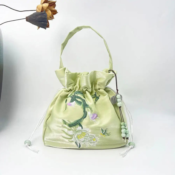 Buddha Stones Embroidered Flowers Wisteria Lily Cotton Linen Tote Crossbody Bag Shoulder Bag Handbag - Light Green