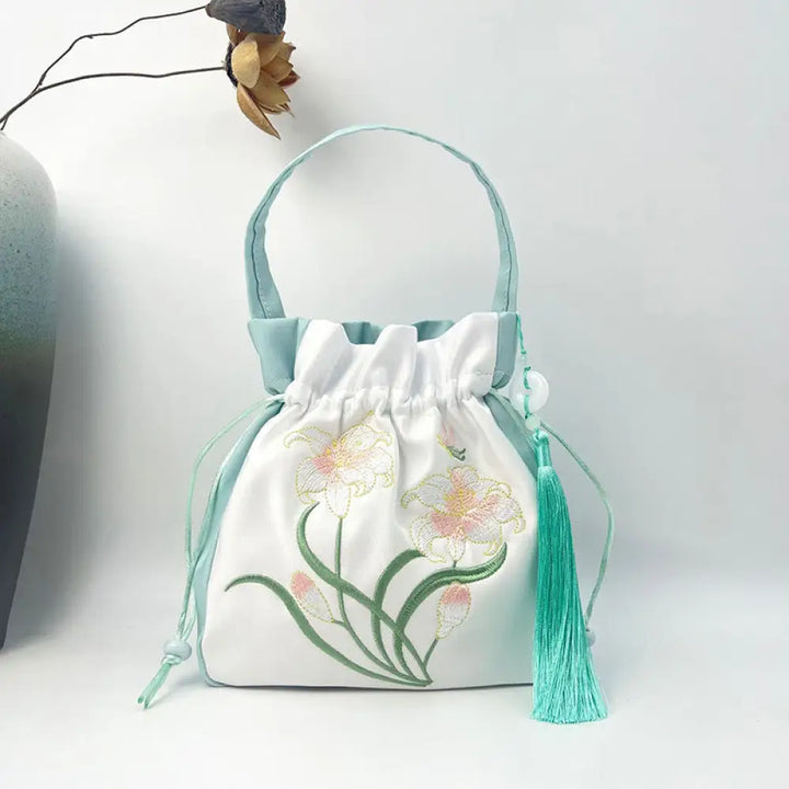 Buddha Stones Embroidered Flowers Wisteria Lily Cotton Linen Tote Crossbody Bag Shoulder Bag Handbag - Light Green