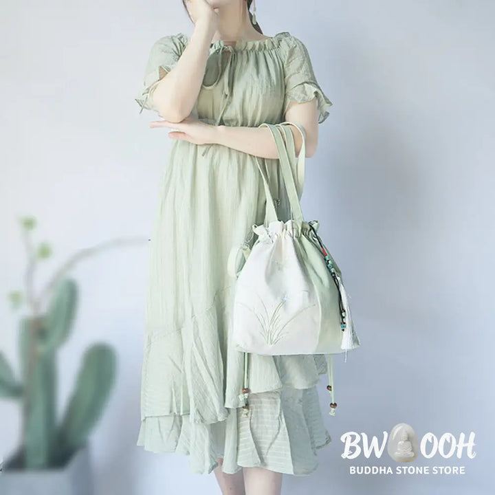 Buddha Stones Embroidered Grass Flowers Cherry Blossom Canvas Tote Crossbody Bag Shoulder Bag Handbag - Crossbody Bag