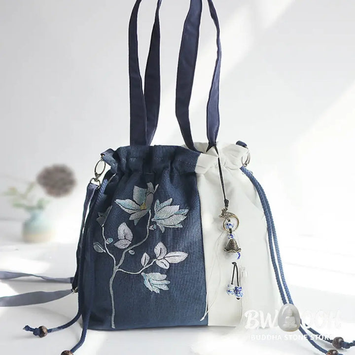 Buddha Stones Embroidered Grass Flowers Cherry Blossom Canvas Tote Crossbody Bag Shoulder Bag Handbag - Crossbody Bag