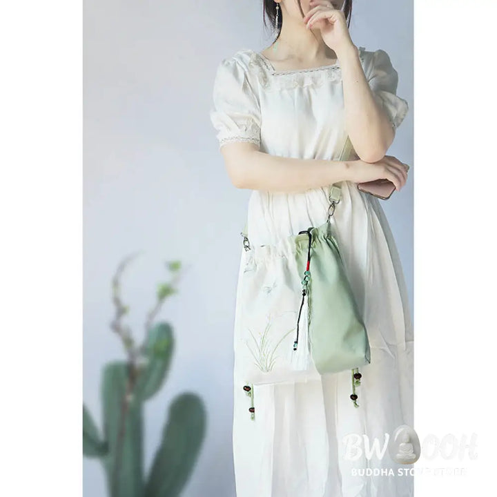 Buddha Stones Embroidered Grass Flowers Cherry Blossom Canvas Tote Crossbody Bag Shoulder Bag Handbag - Crossbody Bag