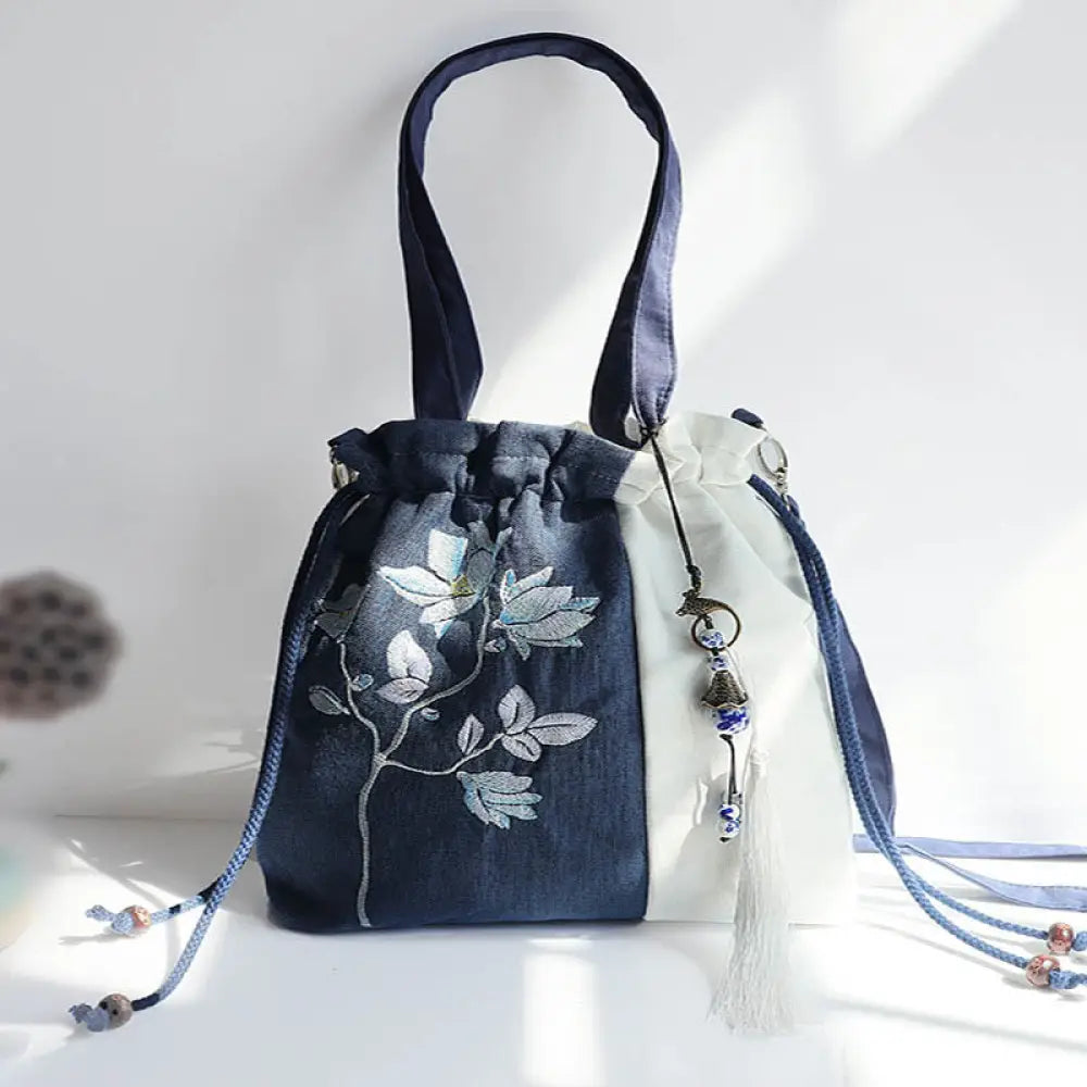 Buddha Stones Embroidered Grass Flowers Cherry Blossom Canvas Tote Crossbody Bag Shoulder Bag Handbag - Blue White