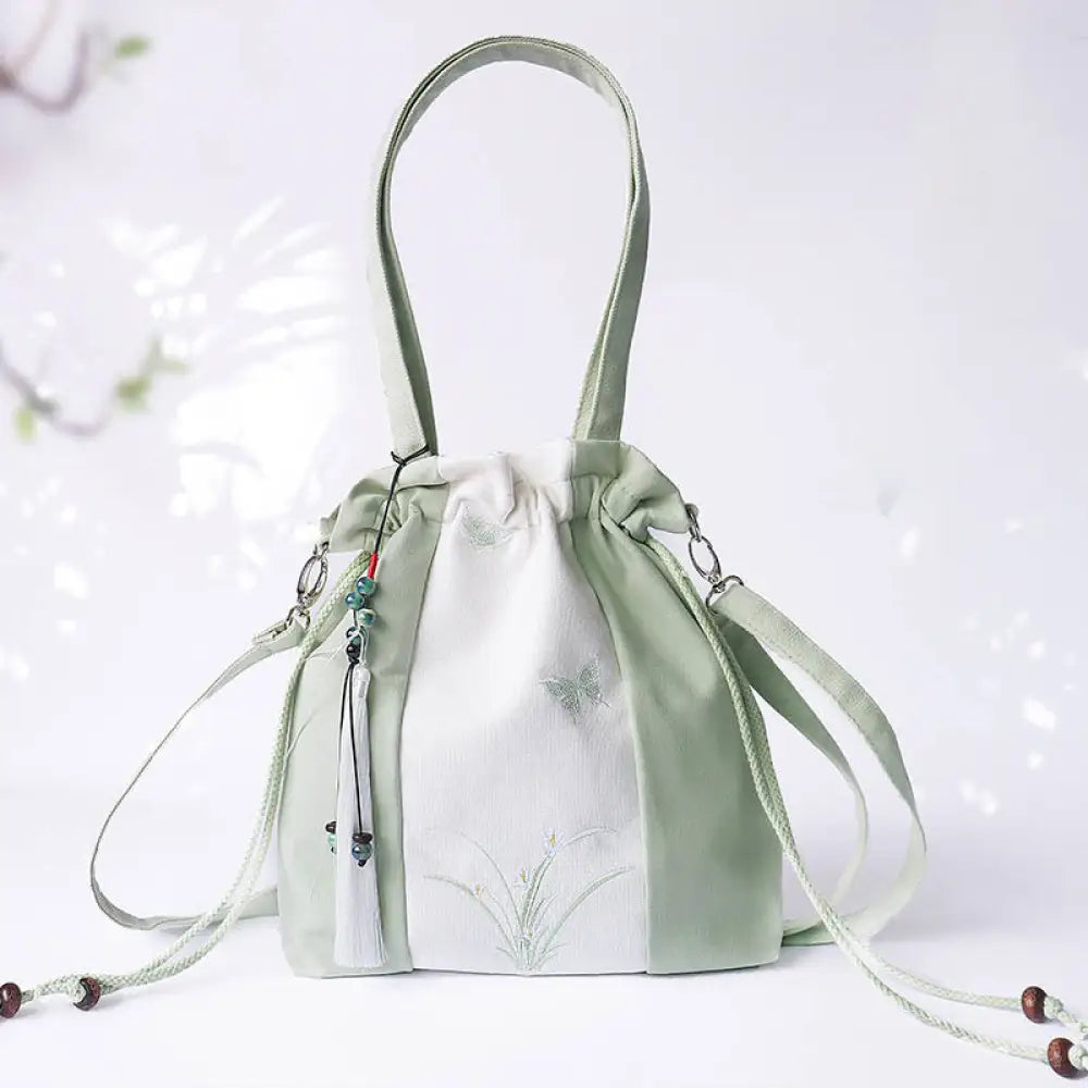 Buddha Stones Embroidered Grass Flowers Cherry Blossom Canvas Tote Crossbody Bag Shoulder Bag Handbag - Green White