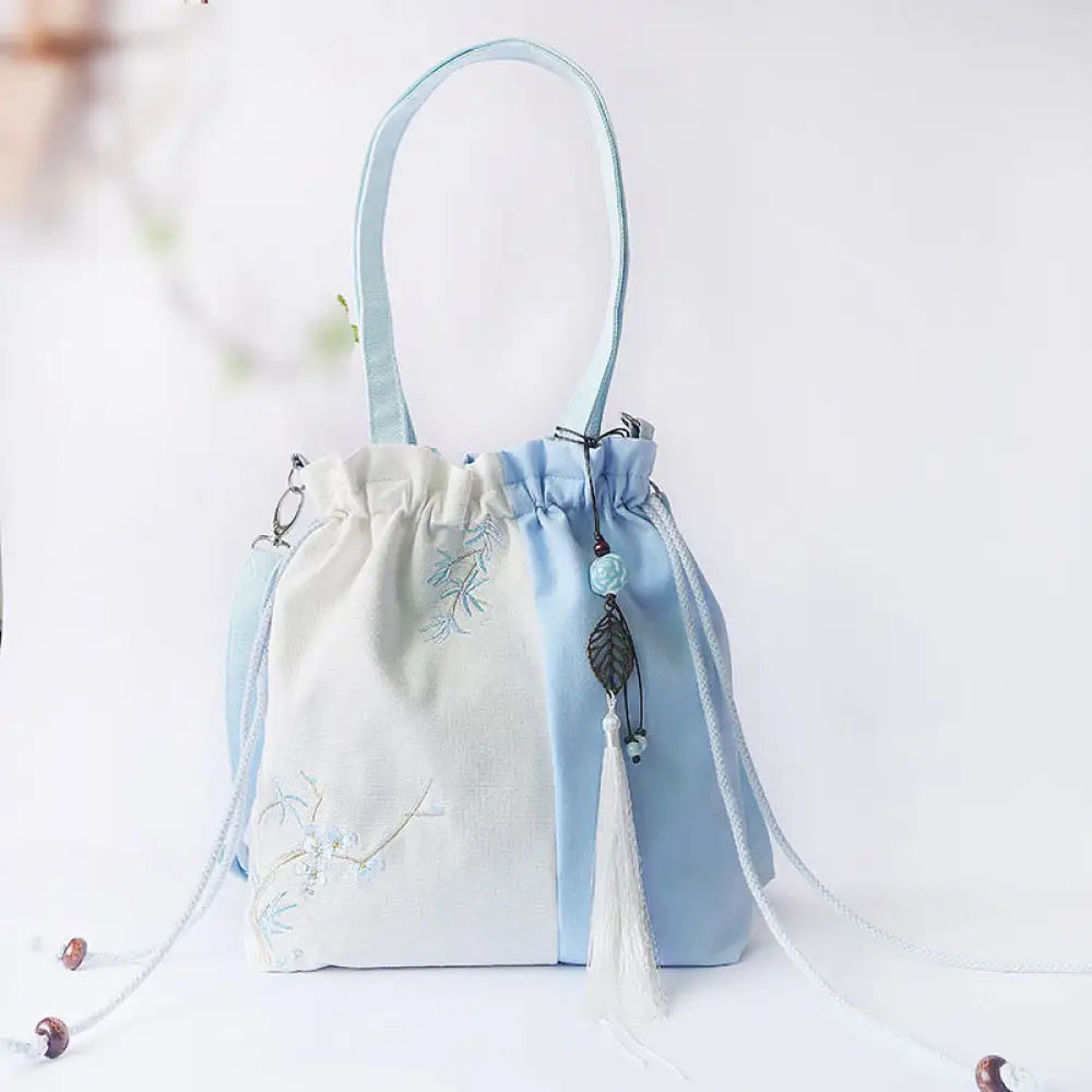 Buddha Stones Embroidered Grass Flowers Cherry Blossom Canvas Tote Crossbody Bag Shoulder Bag Handbag - Light Blue