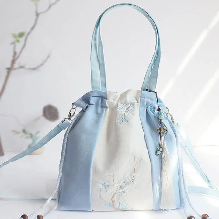 Buddha Stones Embroidered Grass Flowers Cherry Blossom Canvas Tote Crossbody Bag Shoulder Bag Handbag - Light Blue