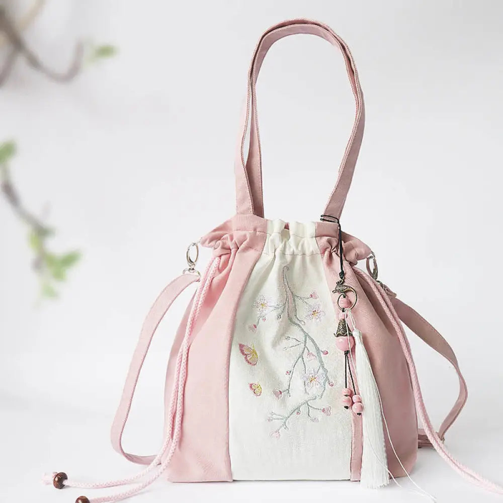 Buddha Stones Embroidered Grass Flowers Cherry Blossom Canvas Tote Crossbody Bag Shoulder Bag Handbag - Cherry Blossom