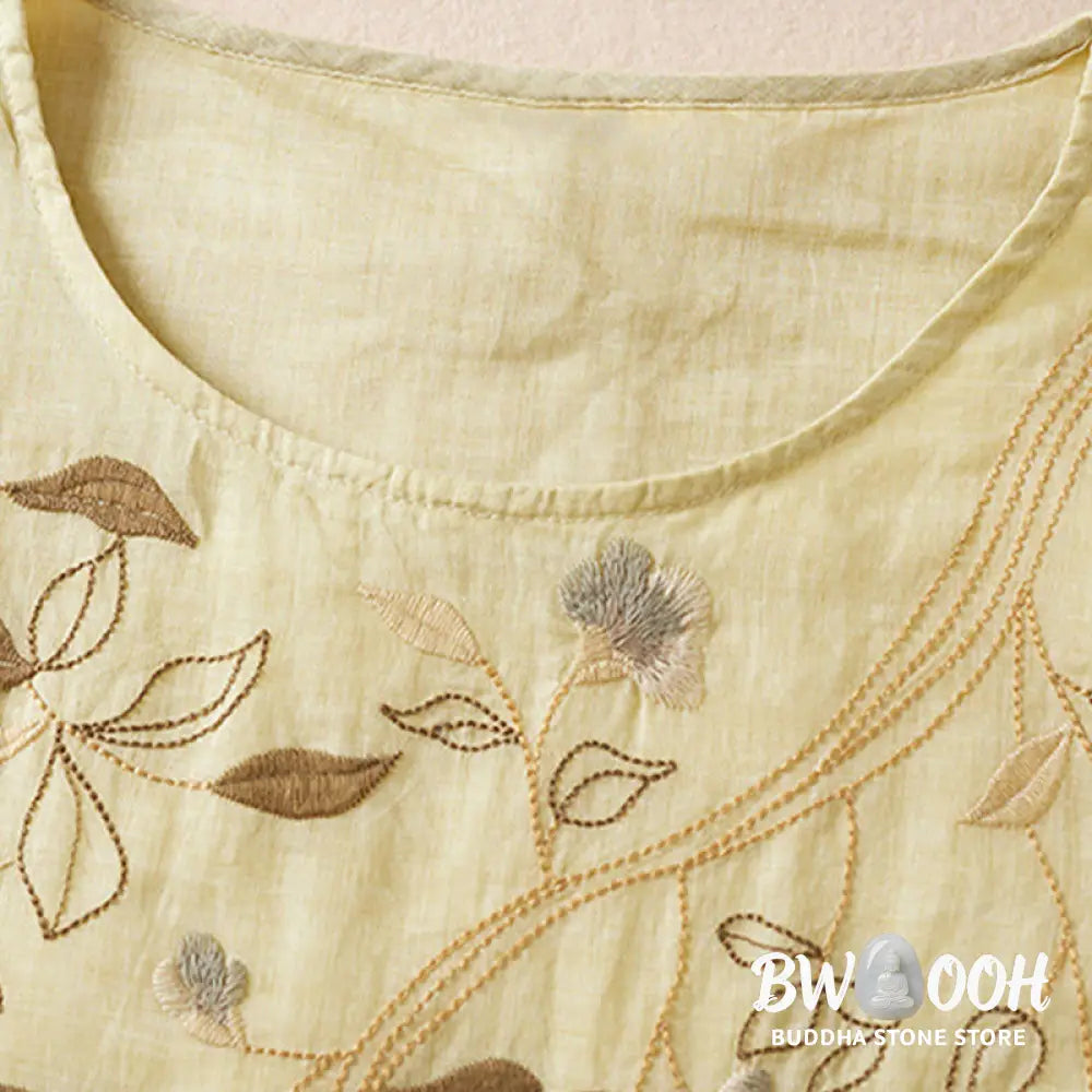 Buddha Stones Embroidered Leaf Crew Neck Half Sleeve Fiber Midi Dress - Midi Dress