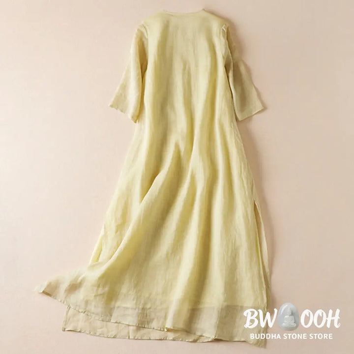 Buddha Stones Embroidered Leaf Crew Neck Half Sleeve Fiber Midi Dress - Midi Dress