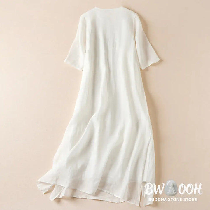 Buddha Stones Embroidered Leaf Crew Neck Half Sleeve Fiber Midi Dress - Midi Dress