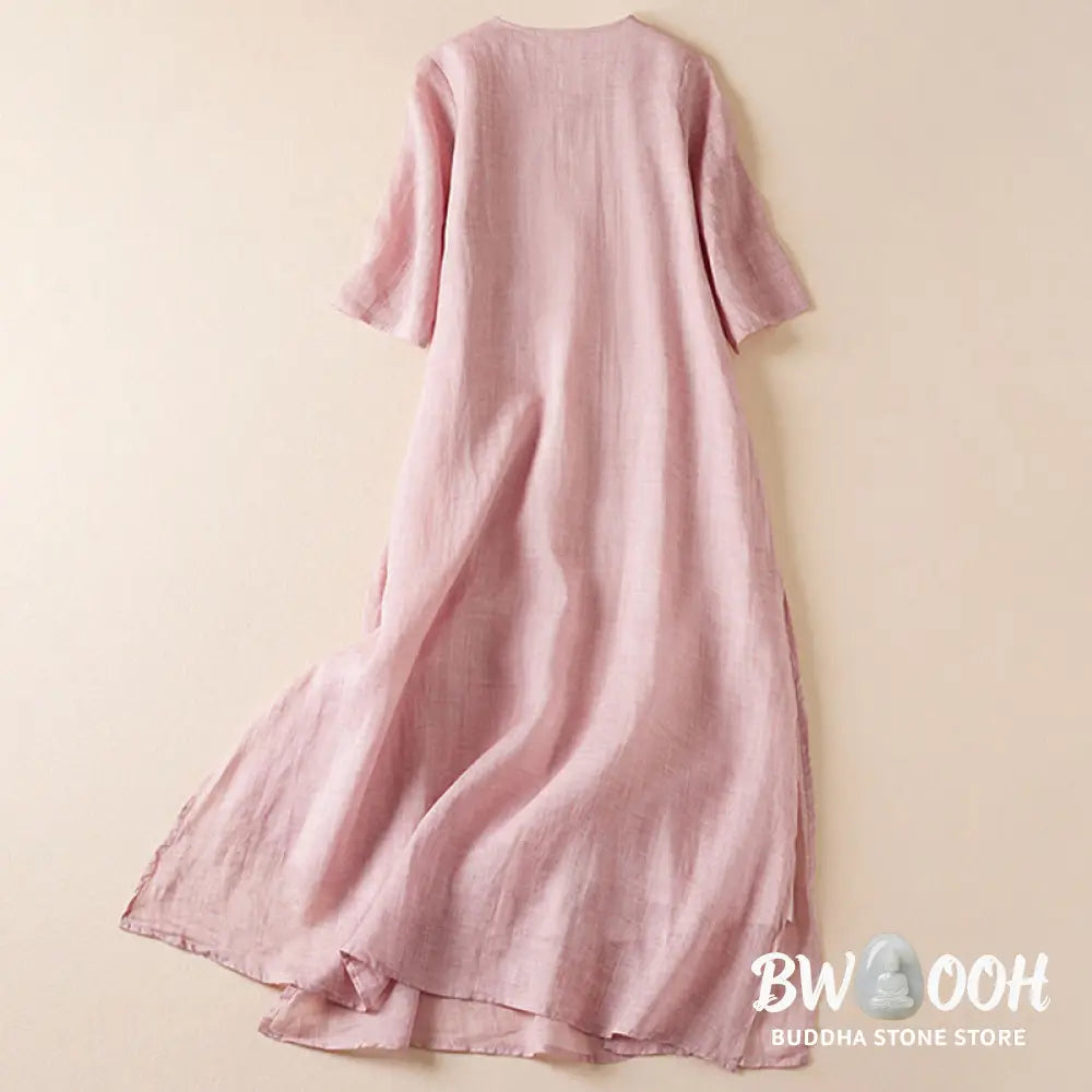 Buddha Stones Embroidered Leaf Crew Neck Half Sleeve Fiber Midi Dress - Midi Dress