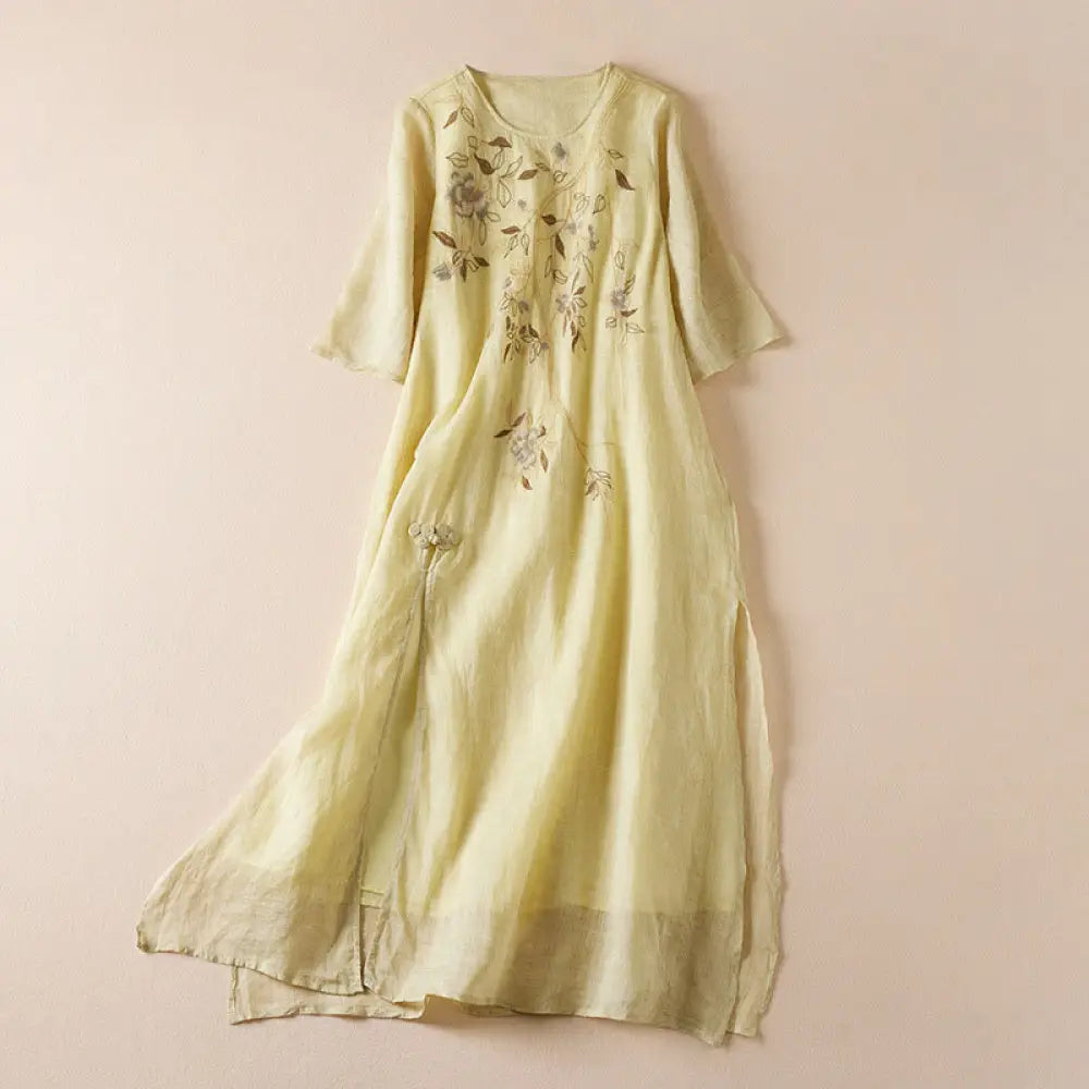 BWOOOH Embroidered Leaf Crew Neck Half Sleeve Fiber Midi 