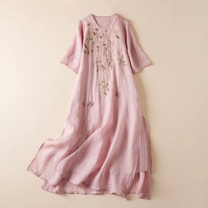 Buddha Stones Embroidered Leaf Crew Neck Half Sleeve Fiber Midi Dress - Pink / US4，UK/AU8，EU36 (L) - Midi Dress