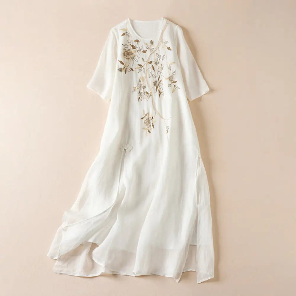 Buddha Stones Embroidered Leaf Crew Neck Half Sleeve Fiber Midi Dress - Snow / US4，UK/AU8，EU36 (L) - Midi Dress