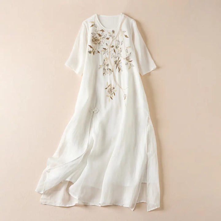 Buddha Stones Embroidered Leaf Crew Neck Half Sleeve Fiber Midi Dress - Snow / US4，UK/AU8，EU36 (L) - Midi Dress