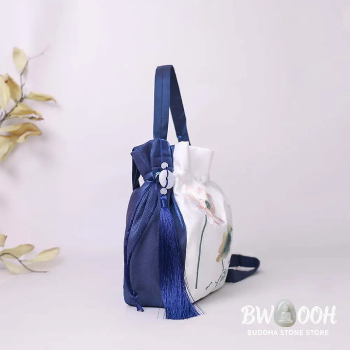 Buddha Stones Embroidered Lotus Koi Fish Crane Camellia Cotton Linen Tote Crossbody Bag Shoulder Bag Handbag