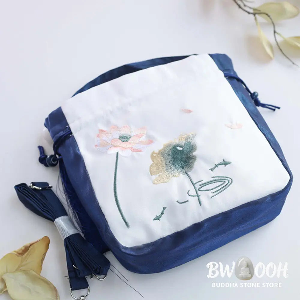 Buddha Stones Embroidered Lotus Koi Fish Crane Camellia Cotton Linen Tote Crossbody Bag Shoulder Bag Handbag
