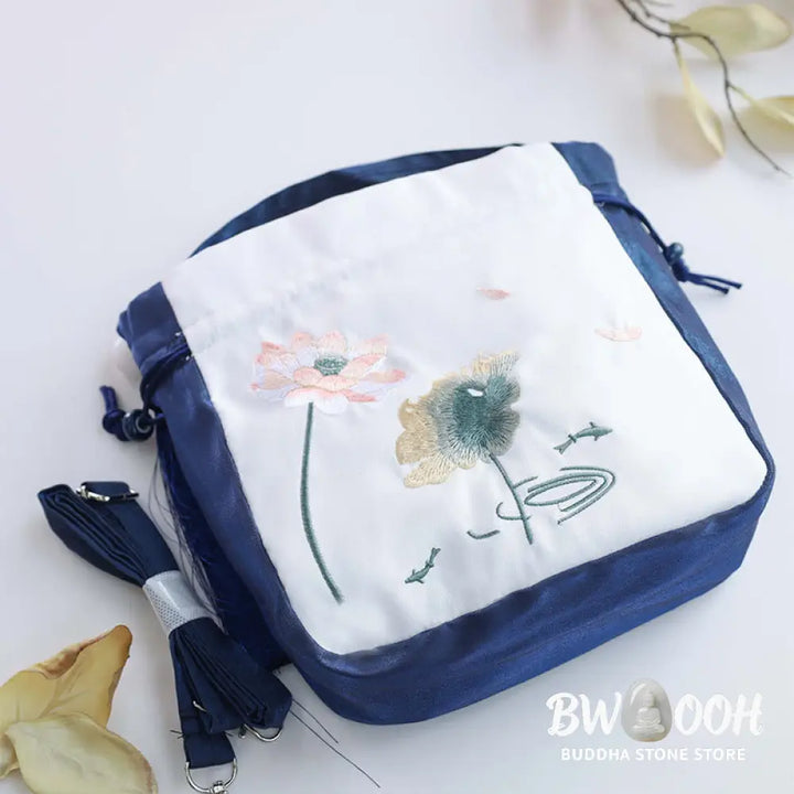 Buddha Stones Embroidered Lotus Koi Fish Crane Camellia Cotton Linen Tote Crossbody Bag Shoulder Bag Handbag