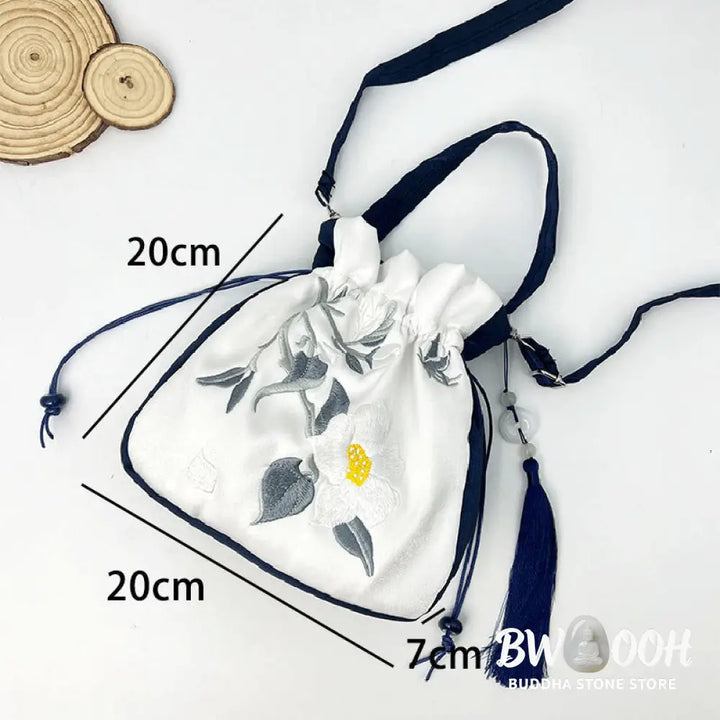 Buddha Stones Embroidered Lotus Koi Fish Crane Camellia Cotton Linen Tote Crossbody Bag Shoulder Bag Handbag