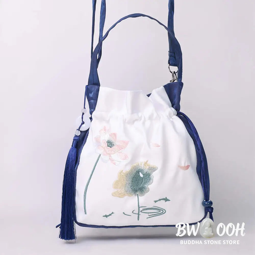 Buddha Stones Embroidered Lotus Koi Fish Crane Camellia Cotton Linen Tote Crossbody Bag Shoulder Bag Handbag