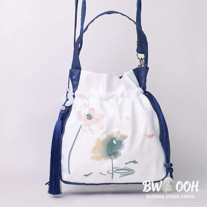 Buddha Stones Embroidered Lotus Koi Fish Crane Camellia Cotton Linen Tote Crossbody Bag Shoulder Bag Handbag