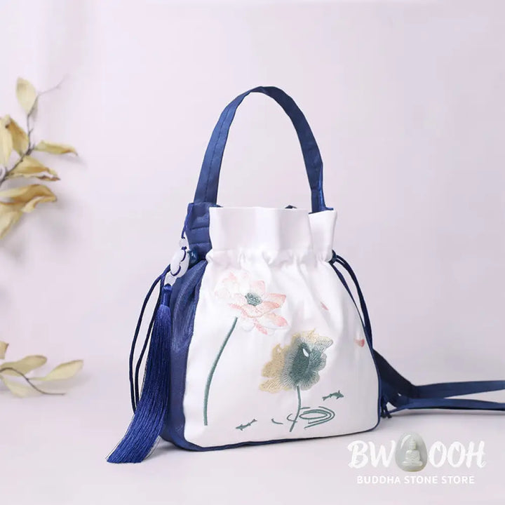 Buddha Stones Embroidered Lotus Koi Fish Crane Camellia Cotton Linen Tote Crossbody Bag Shoulder Bag Handbag