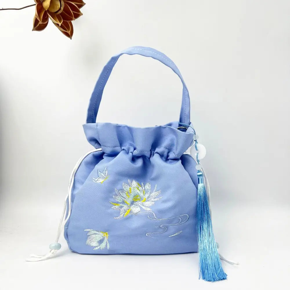 Buddha Stones Embroidered Lotus Koi Fish Crane Camellia Cotton Linen Tote Crossbody Bag Shoulder Bag Handbag - Blue