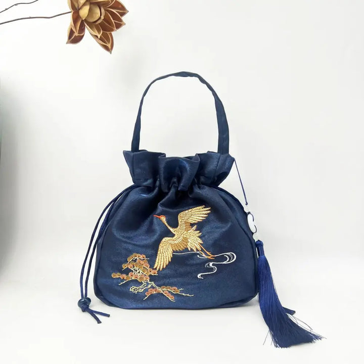 Buddha Stones Embroidered Lotus Koi Fish Crane Camellia Cotton Linen Tote Crossbody Bag Shoulder Bag Handbag - Navy