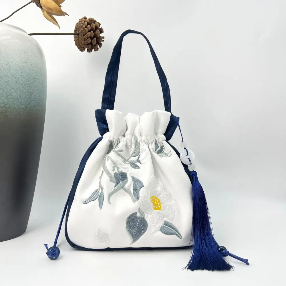Buddha Stones Embroidered Lotus Koi Fish Crane Camellia Cotton Linen Tote Crossbody Bag Shoulder Bag Handbag - Navy