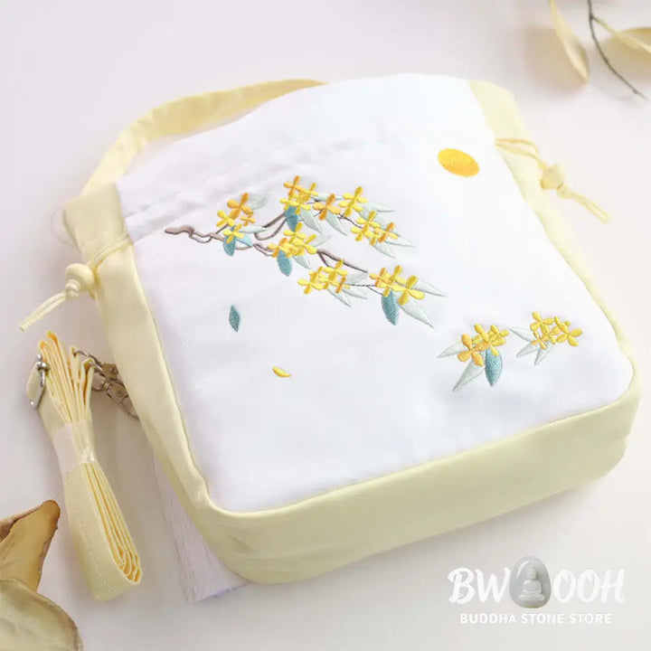 Buddha Stones Embroidered Osmanthus Peony Grape Cat Cotton Linen Tote Crossbody Bag Shoulder Bag Handbag - Crossbody Bag
