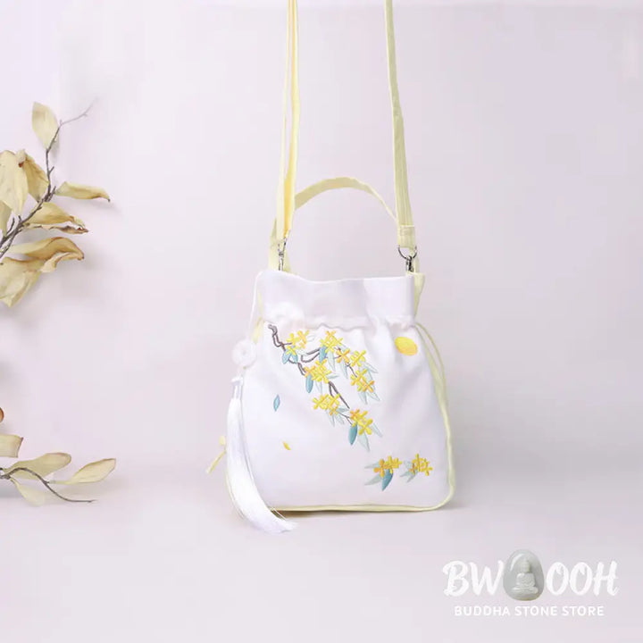 Buddha Stones Embroidered Osmanthus Peony Grape Cat Cotton Linen Tote Crossbody Bag Shoulder Bag Handbag - Crossbody Bag