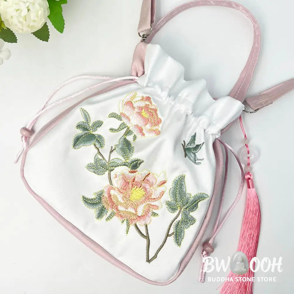 Buddha Stones Embroidered Osmanthus Peony Grape Cat Cotton Linen Tote Crossbody Bag Shoulder Bag Handbag - Crossbody Bag