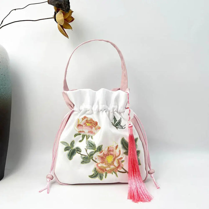 Buddha Stones Embroidered Osmanthus Peony Grape Cat Cotton Linen Tote Crossbody Bag Shoulder Bag Handbag - Light Pink