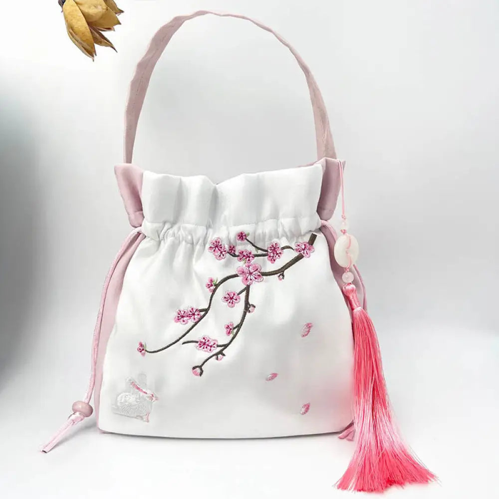 Buddha Stones Embroidered Osmanthus Peony Grape Cat Cotton Linen Tote Crossbody Bag Shoulder Bag Handbag - Light Pink