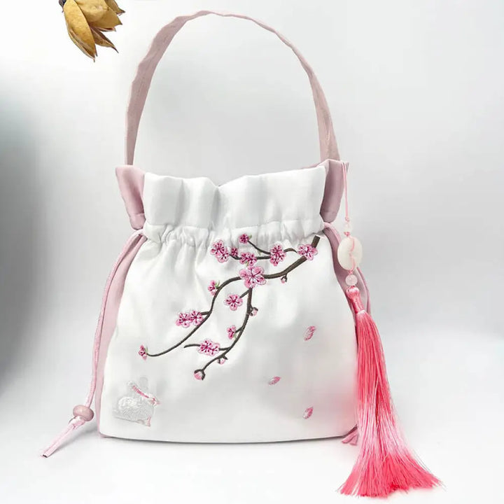 Buddha Stones Embroidered Osmanthus Peony Grape Cat Cotton Linen Tote Crossbody Bag Shoulder Bag Handbag - Light Pink