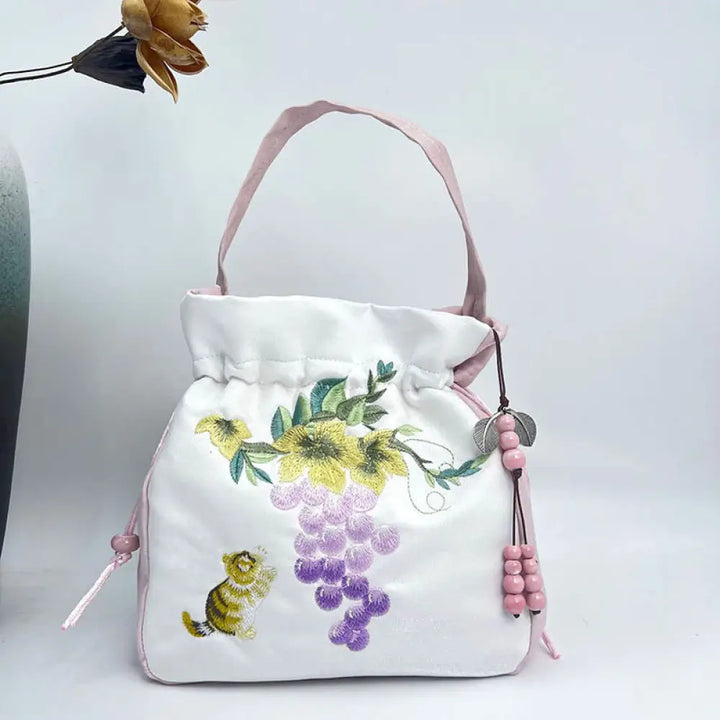 Buddha Stones Embroidered Osmanthus Peony Grape Cat Cotton Linen Tote Crossbody Bag Shoulder Bag Handbag - Light Pink