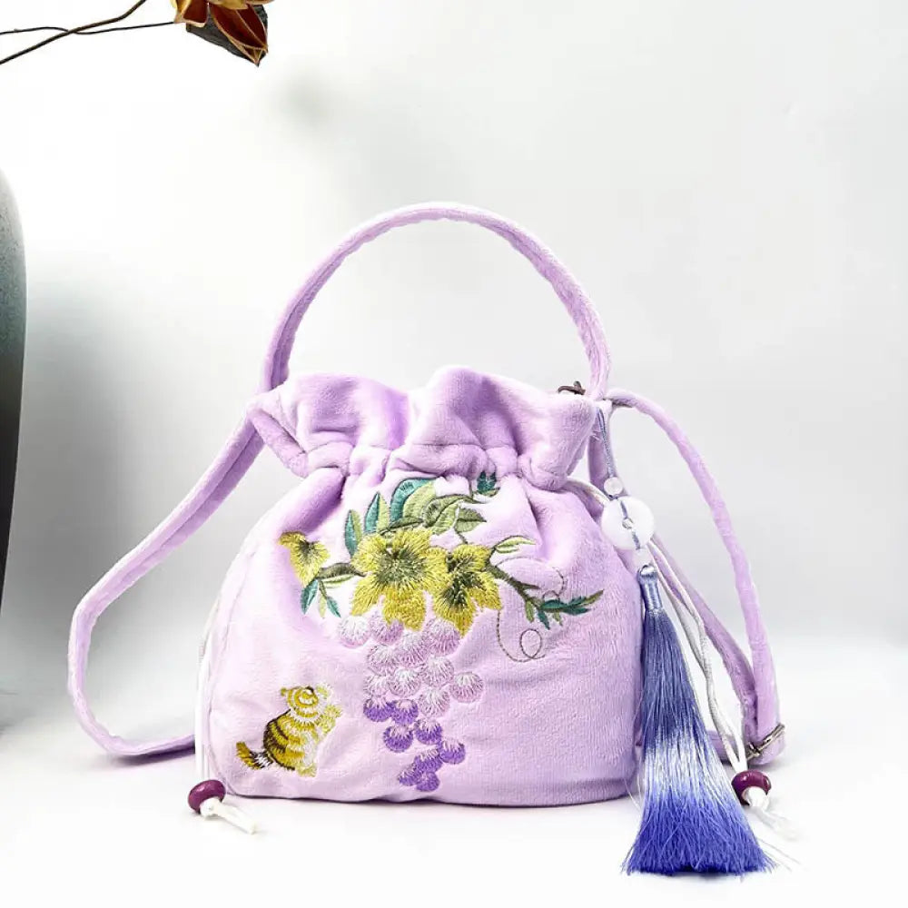 Buddha Stones Embroidered Osmanthus Peony Grape Cat Cotton Linen Tote Crossbody Bag Shoulder Bag Handbag - Purple Grape