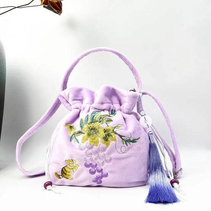 Buddha Stones Embroidered Osmanthus Peony Grape Cat Cotton Linen Tote Crossbody Bag Shoulder Bag Handbag - Purple Grape