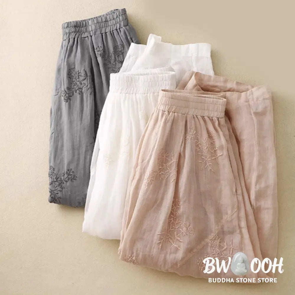 Buddha Stones Embroidered Pattern Women’s Cotton Linen Harem Pants With Pockets - Women’s Harem Pants