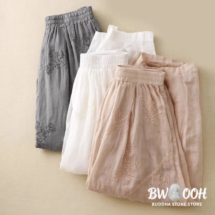 Buddha Stones Embroidered Pattern Women’s Cotton Linen Harem Pants With Pockets - Women’s Harem Pants
