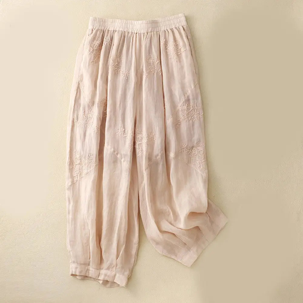 Buddha Stones Embroidered Pattern Women’s Cotton Linen Harem Pants With Pockets - MistyRose / US4，UK/AU8，EU36 (L)