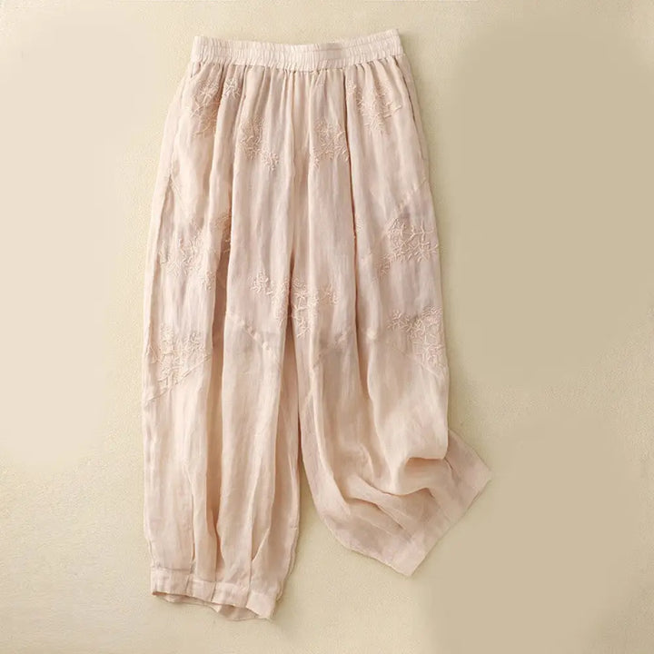 Buddha Stones Embroidered Pattern Women’s Cotton Linen Harem Pants With Pockets - MistyRose / US4，UK/AU8，EU36 (L)