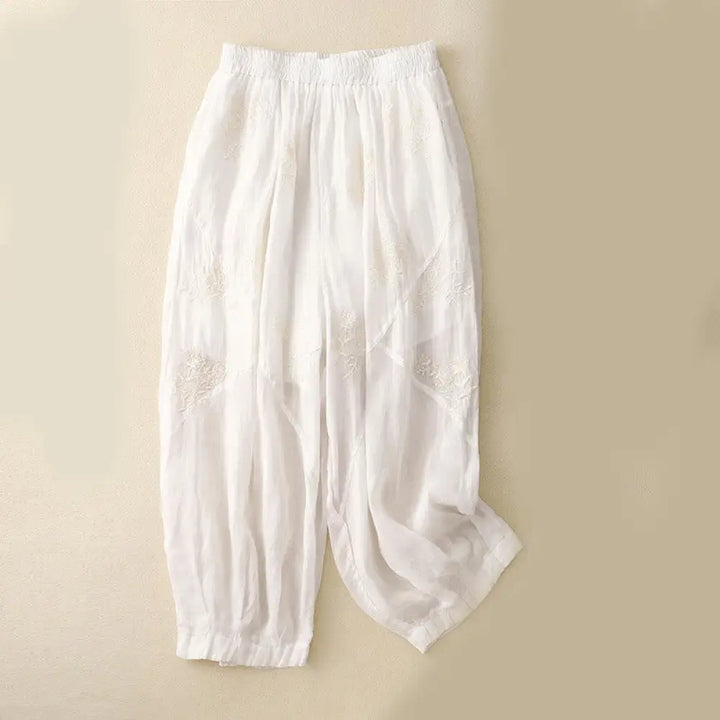 Buddha Stones Embroidered Pattern Women’s Cotton Linen Harem Pants With Pockets - White / US4，UK/AU8，EU36 (L) - Women’s