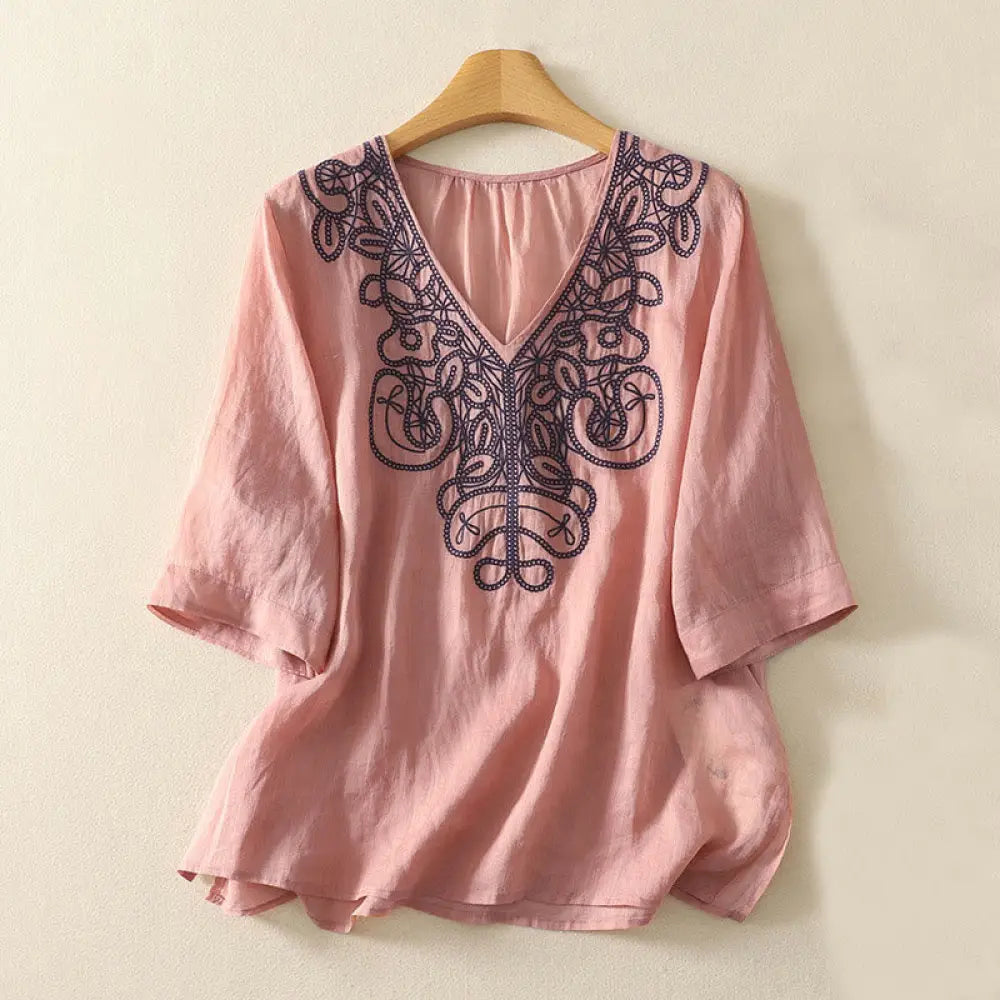 Buddha Stones Embroidered V-neck Casual Women’s Cotton Linen Half Sleeve T-shirt - LightCoral / US6，UK/AU10，EU38 (M)