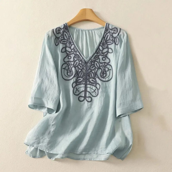Buddha Stones Embroidered V-neck Casual Women’s Cotton Linen Half Sleeve T-shirt - PaleTurquoise / US6，UK/AU10，EU38 (M)